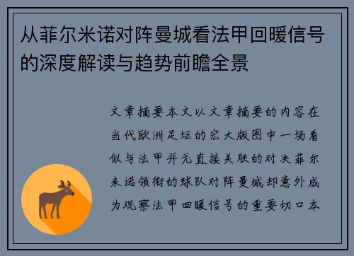从菲尔米诺对阵曼城看法甲回暖信号的深度解读与趋势前瞻全景