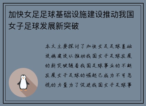 加快女足足球基础设施建设推动我国女子足球发展新突破