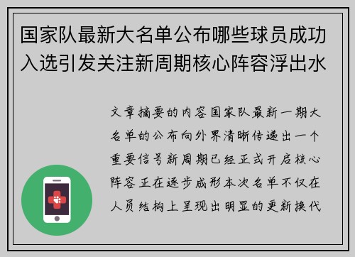 国家队最新大名单公布哪些球员成功入选引发关注新周期核心阵容浮出水面